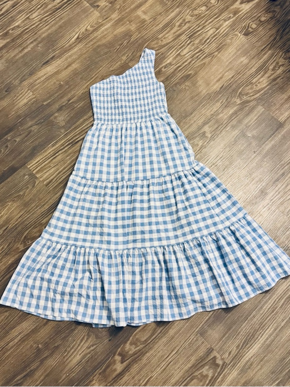 Vintage Style Cottagecore Blue Gingham One-Shoulder Summer Maxi Dress, Sz S